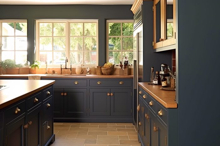 Custom Framed Cabinets - Dark blue country kitchen design, interior decor and house improvement, classic English in frame kitchen cabinets, countertop