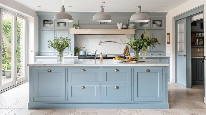 Grey, blue kitchen cabinets by RTA Cabinets